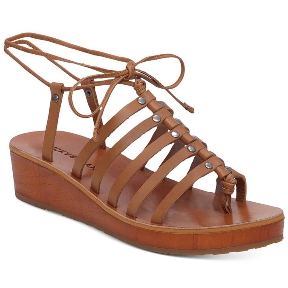 NEW Lucky Brand, wedge, lace up gladiator sandals. Camel colour. Size 9